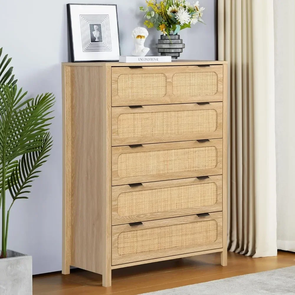 5 Drawer Dresser with Rattan Finish, Modern Farmhouse Chest of Drawers with Metal Handles, Accent Wood Storage