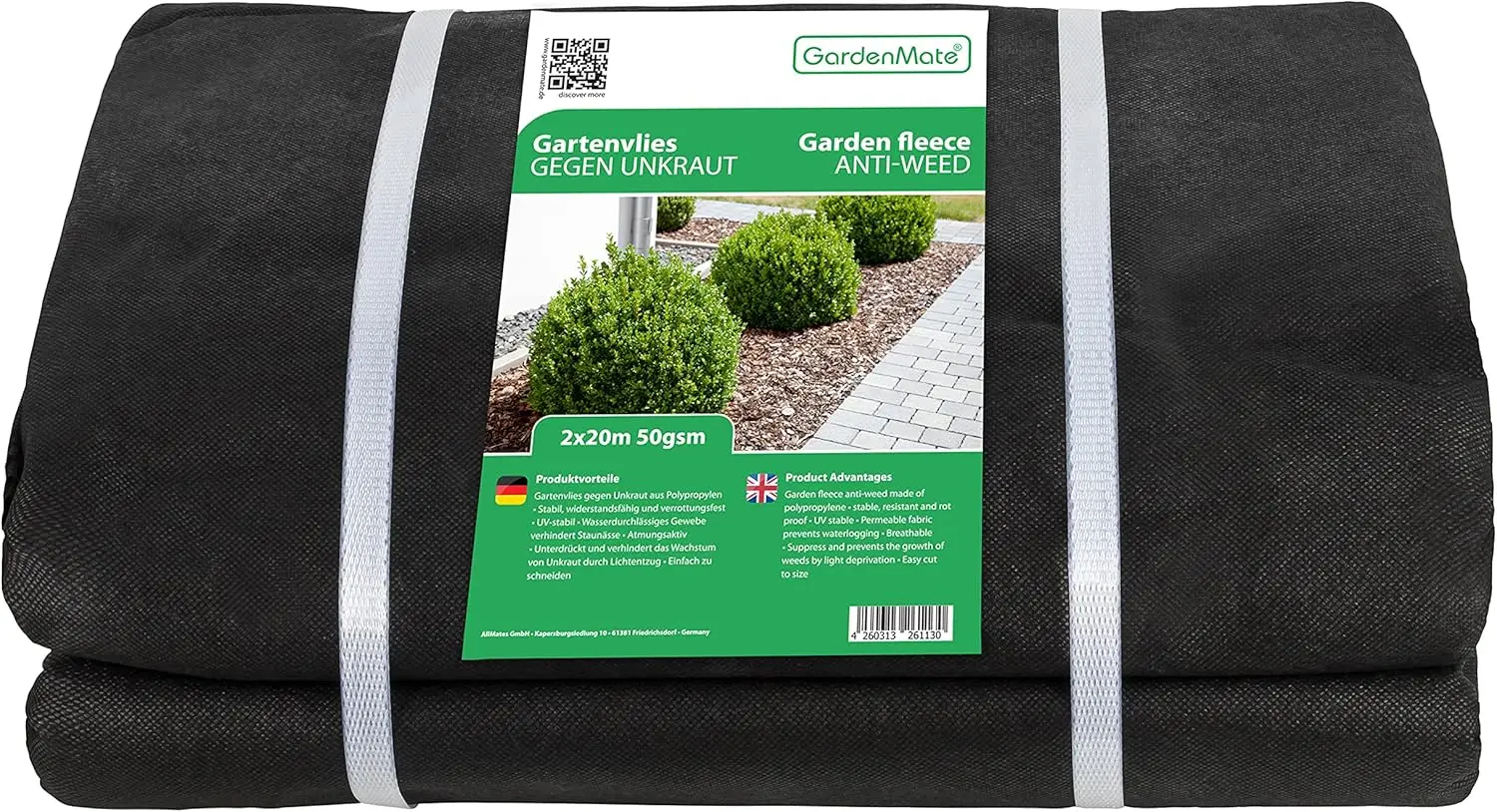 Malla geotextil de 2 m x 20 m y 50 g/m2 – Geotextil Resistente para Malas Hierbas – Estabilizada contra UV – Permeabl