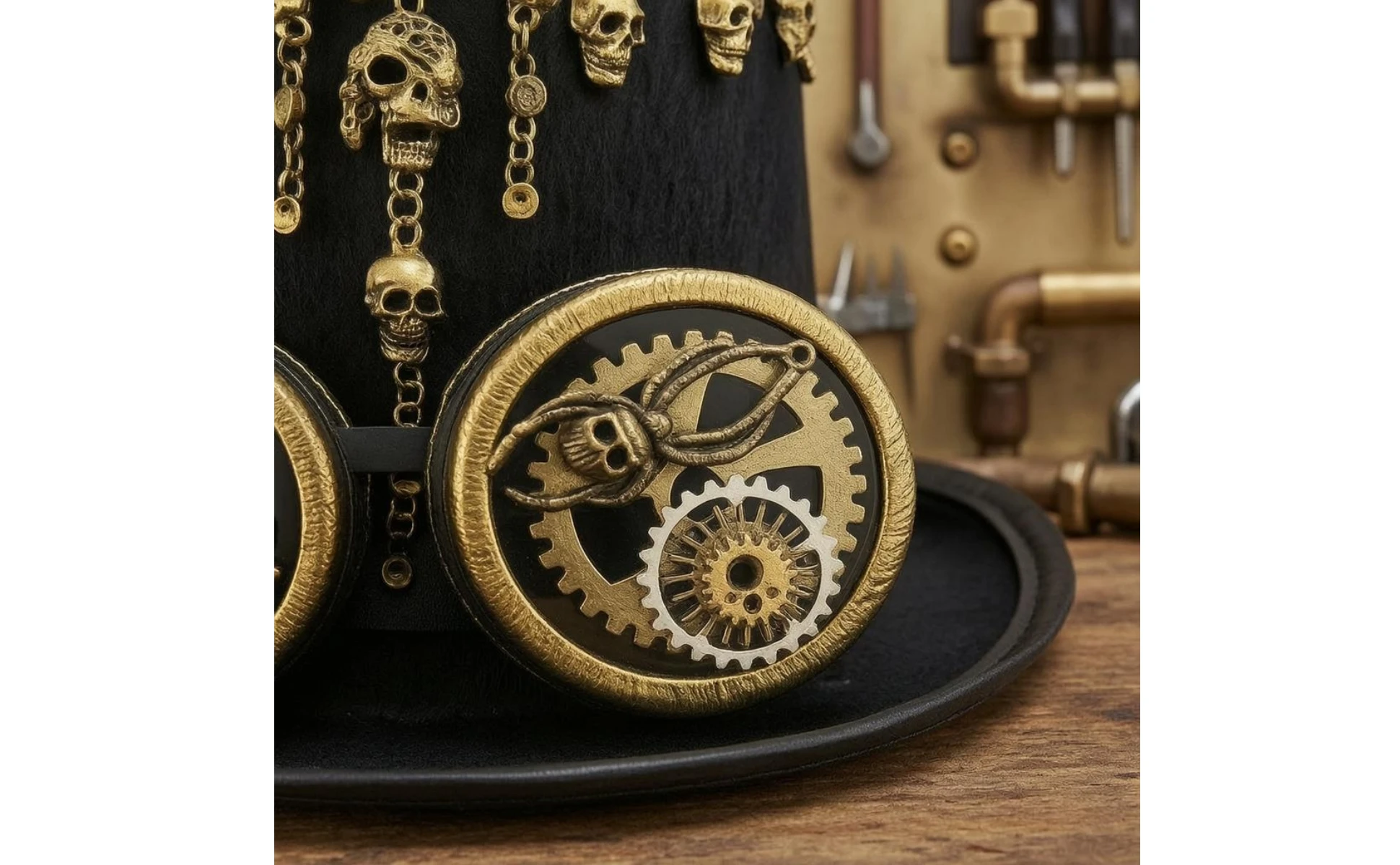 Gothic Steampunk Hat Gold-Toned Steampunk Top Hat Headwear Tall Crown Gothic Steampunk Hat Gold-Toned Steampunk Top Hat Headwear Tall Crown