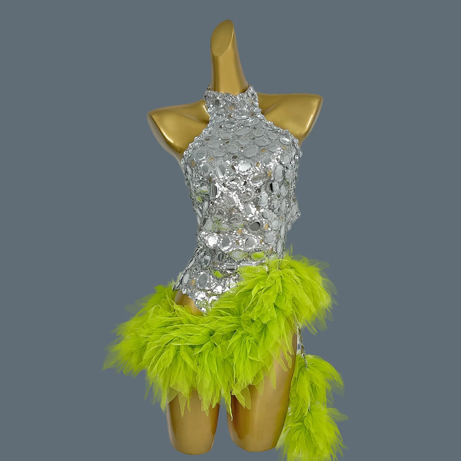 Mesh Performance Costume Bar Dancer Night Club Bodysuit Stage Wear Sparkly Green Fade Mirrors Women Sexy BodyconLeotard Yuanjing