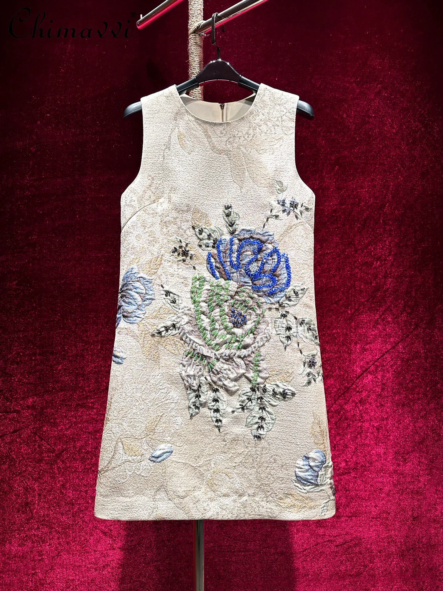 

High-End Light Luxury Heavy Beading Slim A-Line Dress Fashion Round Neck Sleeveless Elegant Party Dress Women 2025 Autumn New