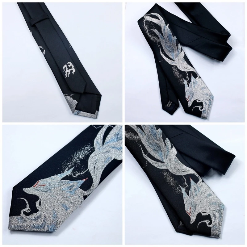 

50JB Fashion Necktie for Taking Photo Teens Girl Necktie Nine Tailed Foxes Pattern Fashion Neckwear for Anime Enthusiasts