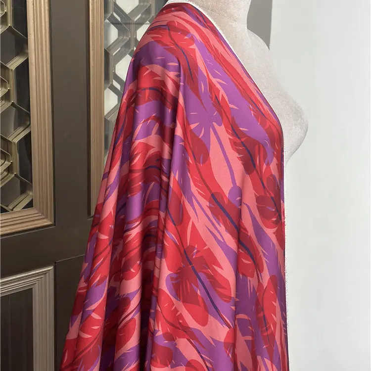 

Limited Brand Last Order Material Red Leaf Flower 20momme Silk Elastic Satin MulberrySilk Sewing Skirt Textile Fabric