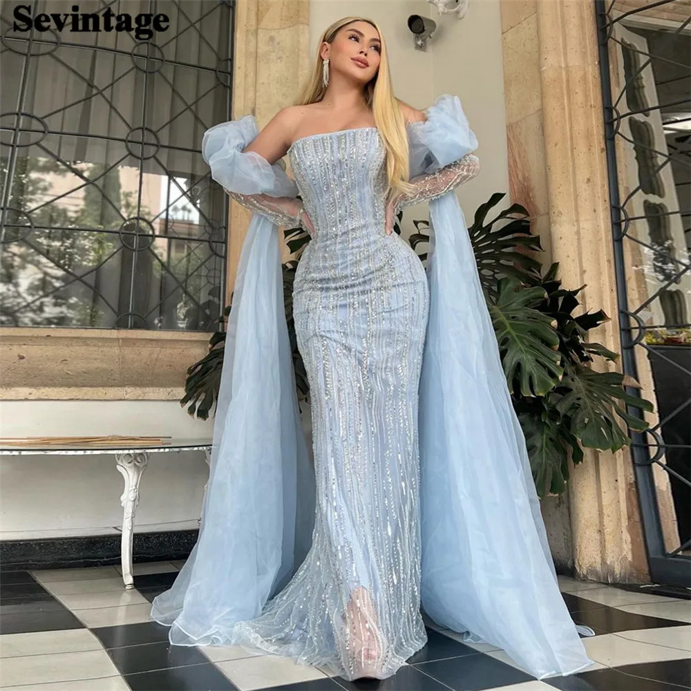 

Sevintage Elegant Sky Blue Mermaid Prom Dresss Off The Shoulder Sequineds Floor Length Sheath Evening Dress robes de soirée 2024