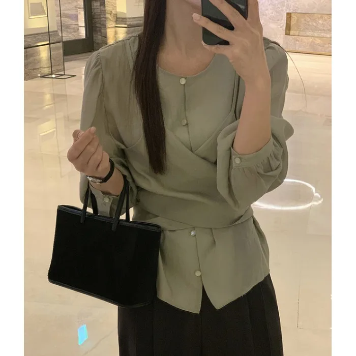 

Fashionable Korean Style Cross Belted Layered Shirt Spring 2026 Chic Versatile Top round Neck Long Sleeve Color Women's...