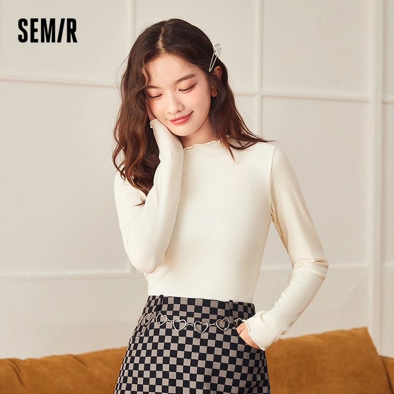 Semir Underwear T Shirt Women Solid Color Autumn And Winter Half High Collar Gentle Korean Style With Long Sleeve