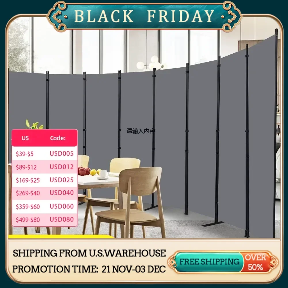 Room dividers and folding privacy screens, 8 panel wide room partition wall screens, fabric panel wall partitions