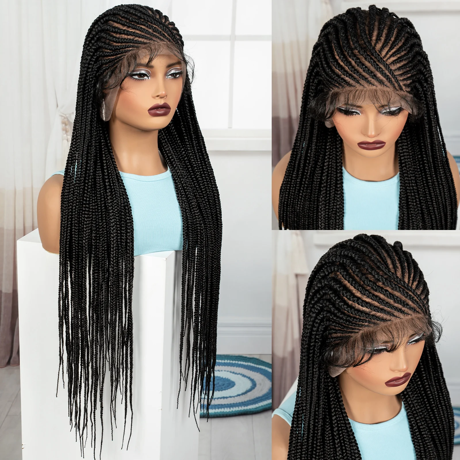 Wig Kepang Cornrow 34 Inci, Wig Renda Sintetis Alami dengan Rambut Bayi, Wig Kepang Tanpa Simpul untuk Wanita Kulit Hitam