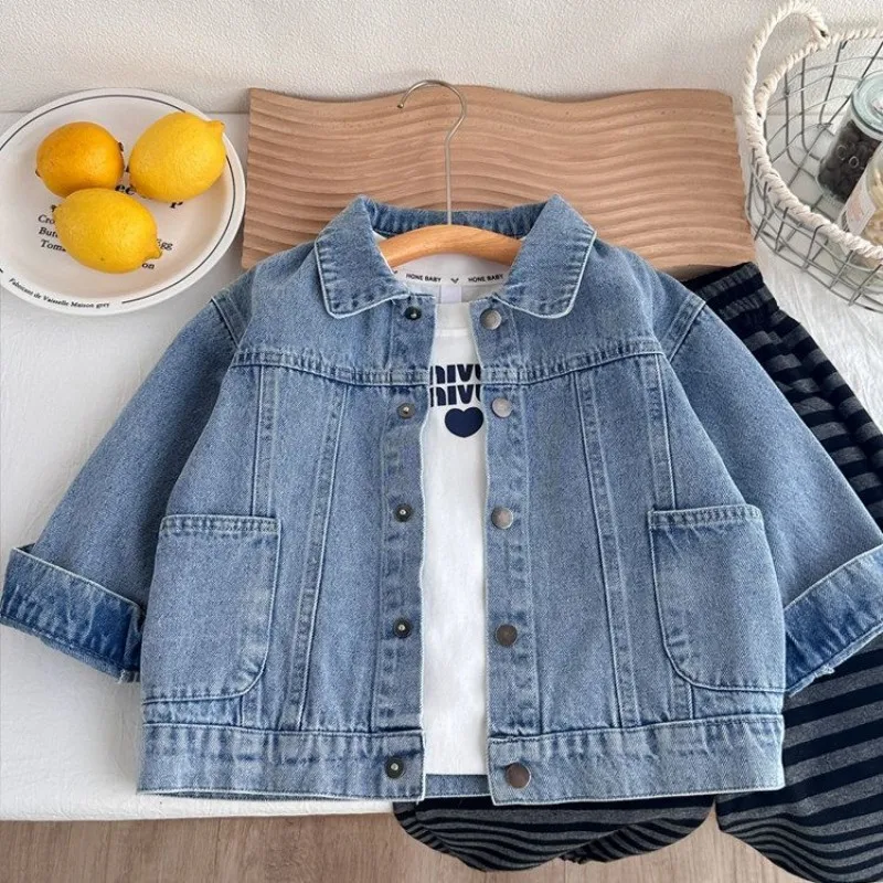 New Kids Denim Jacket for Boys Spring Autumn Korean Style Fashionable Stand Collar Jacket Outerwear for Kids