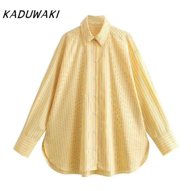 

KADUWAKI Women's Striped Shirt Lapel Collar Single-breasted Long Sleeves Front Patch Pocket Slit Hem Spring Female Chic Shirts