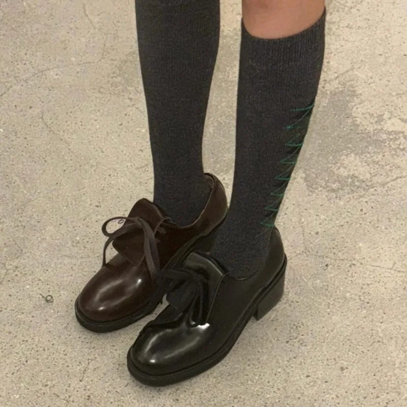 

Vintage Lace-up High-heeled Loafers Round-toed Single Shoes Derby Shoes