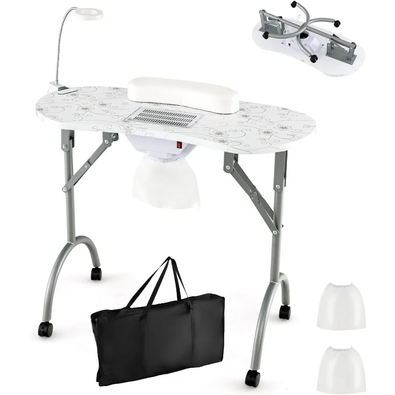 Portable Nail Table, Foldable Nail Technician Desk w/Electric Dust Collector, Bendable LED Lamp, Removable Armrest Pad