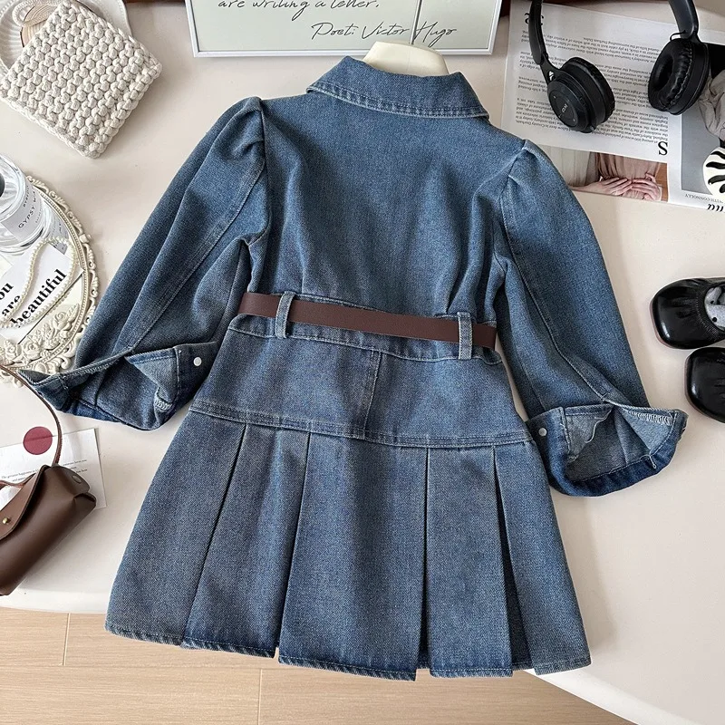 RAISE Autumn Kids Girl Denim Dress Turn Down Collar 2-10T Girl Long Sleeve Dress with Belt Casual Ruched Hem Children Girl Dress