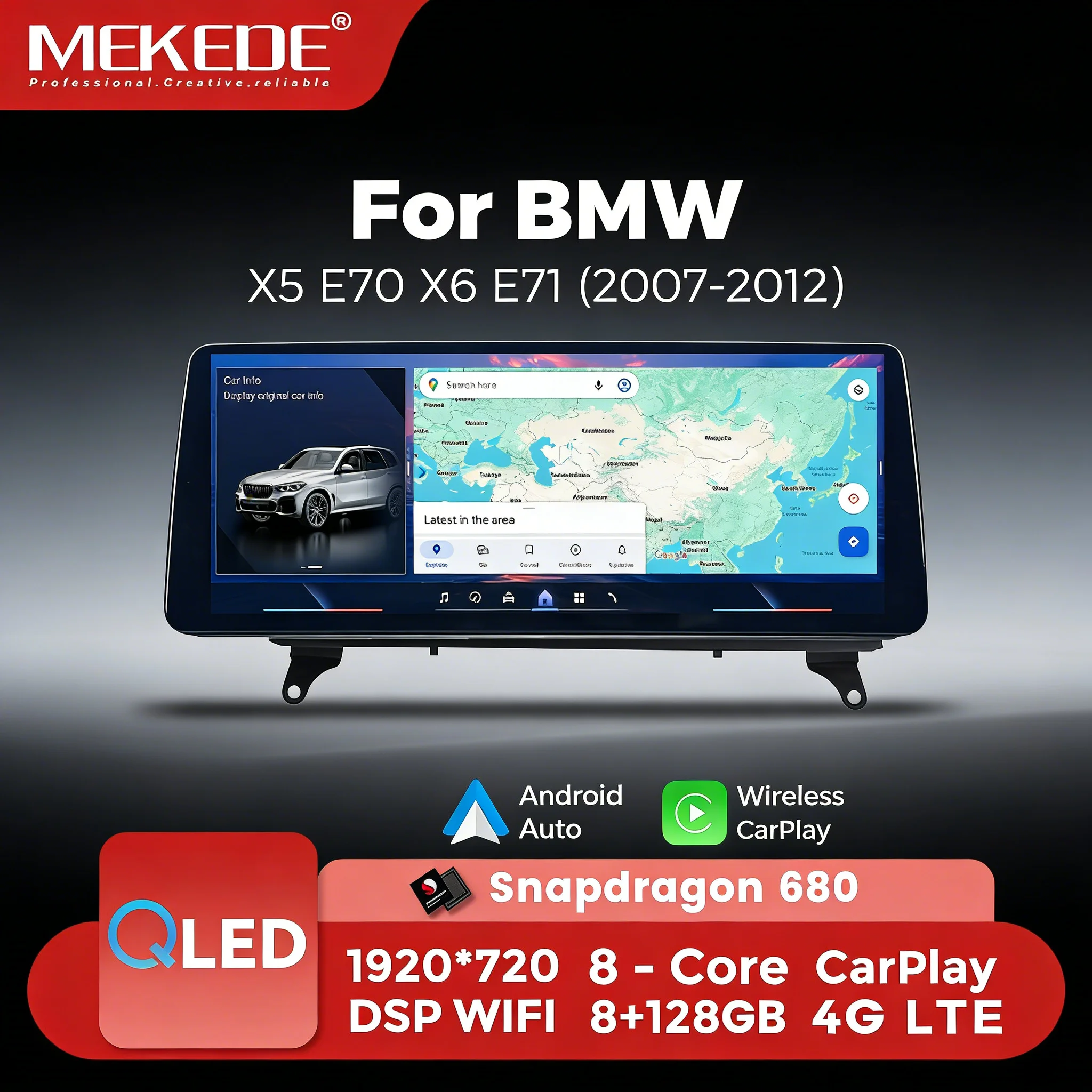 MEKEDE Kabelloses CarPlay Android Auto Multimedia-Intelligentes System für BMW X5 E70 X6 E71 10,25/12,3 Zoll QLED Android 14 Snapdragon CPU Autoradio GPS-Navigation
