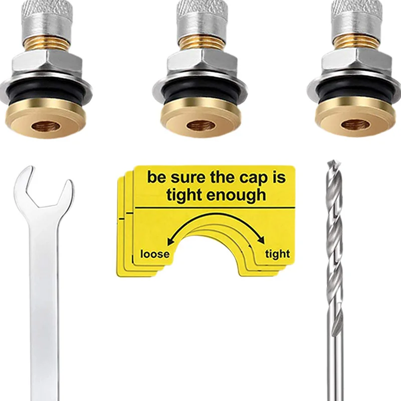 Gas Can Fuel Exhaust Vent Valve 6Pcs Gas Tank Vent Caps Set Wrench Drill Gaskets Warning Stickers Gas Jug Ventilation Mod Kit