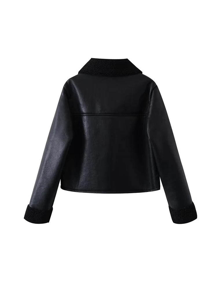 Vintage Women Faux Leather Fleece Jackets 2023 Autumn-Winter Fashion Ladies Elegant Motobiker Short Jacket Casual Female Chic