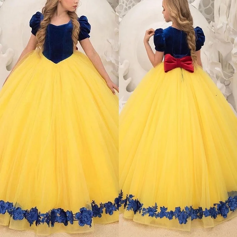 Ball Gown Flower Girl Dress Kids Birthday Appliques Short Sleeve Yellow Blue Princess Floor Length Bow Tulle Evening Dresses