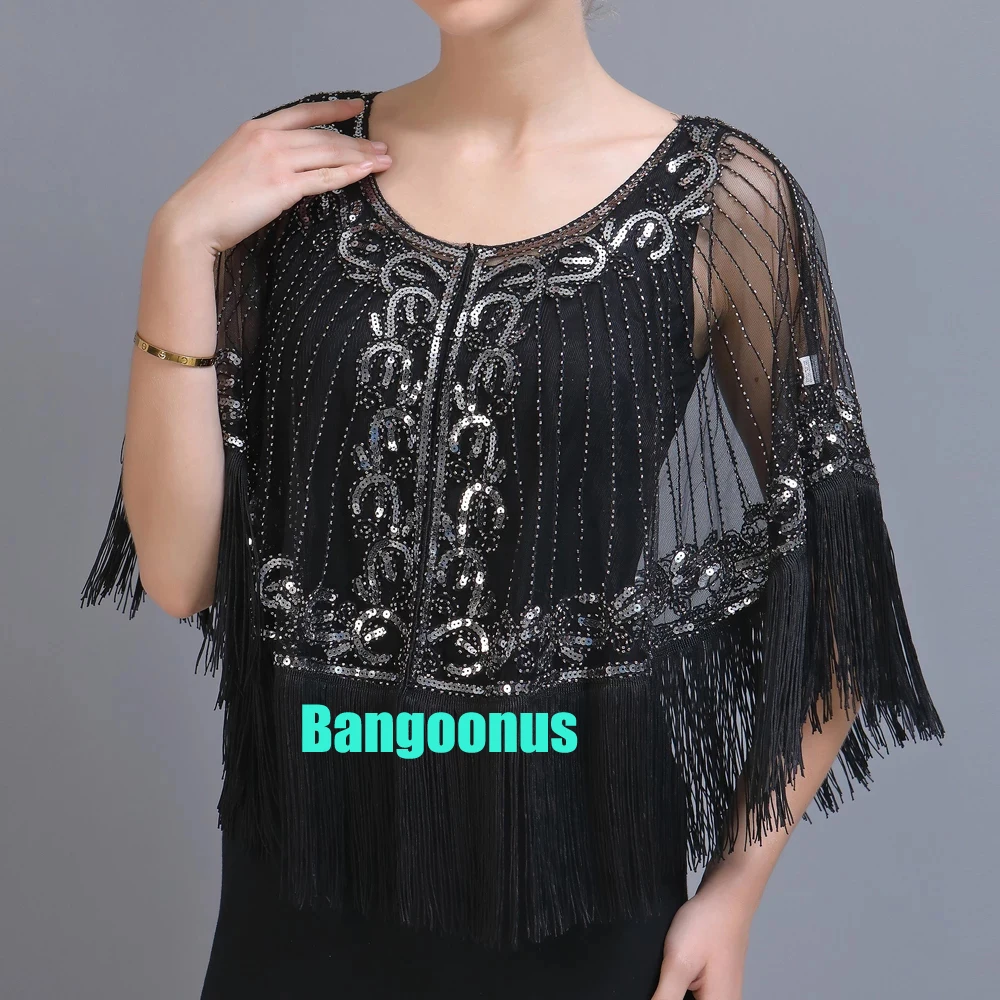 1920s Shawl Wraps Embellished Beaded Sequin Fringe Evening Cape Sheer Mesh Bridal Shawl Cover Up for Wedding Party Black Blue