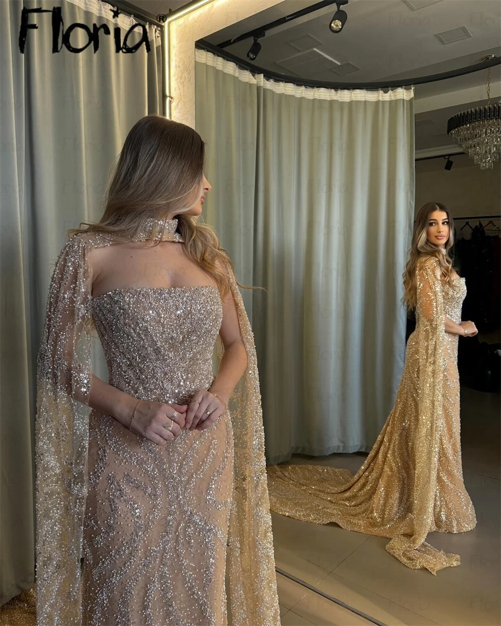 Champagne Customized Long Cape Sleeve Evening Dress New Luxury Mermaid Wedding Party Gowns Dubai Two Pieces Sparkly Prom Dresses