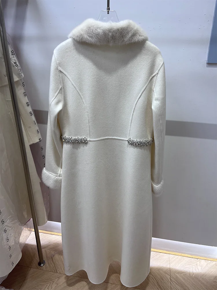 2025 Real Fur Coat Winter Jacket Women Natural Mink Fur Collar Cuffs Cashmere Wool Woolen Ladies Outerwear Streetwear