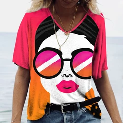 Summer Women'S T-Shirt Fashion New V-Neck Tshirts Abstract Human Face Pattern Print Women'S Fun Tees Short-Sleeved Tops Pullover