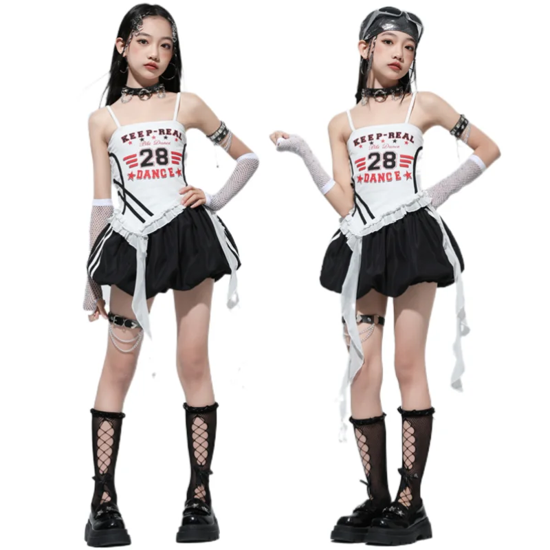 

Модный укороченный топ для девочек в стиле хип-хоп, юбка с бутоном цветка без рукавов для уличных танцев, детская уличная одежда K-pop, сценические джазовые костюмы, комплекты одежды