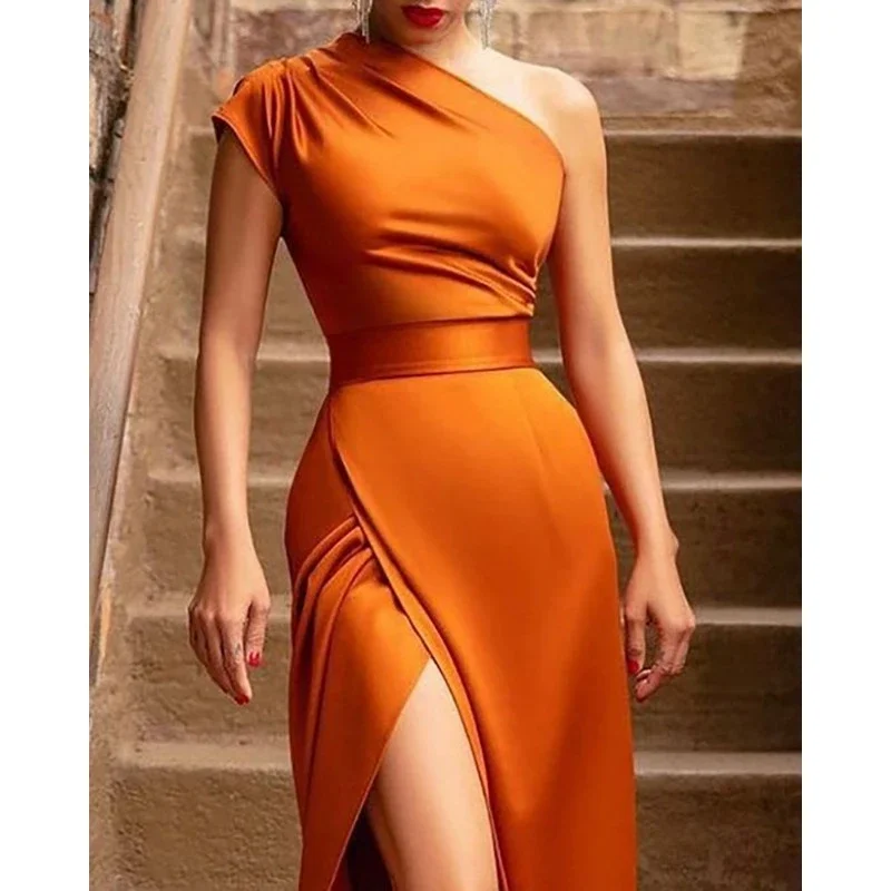 Elegant Banquet Summer Long Skirt Cinched Orange High Waist Temperament Commuter Sleeveless Solid Color Slanted Shoulder Dress