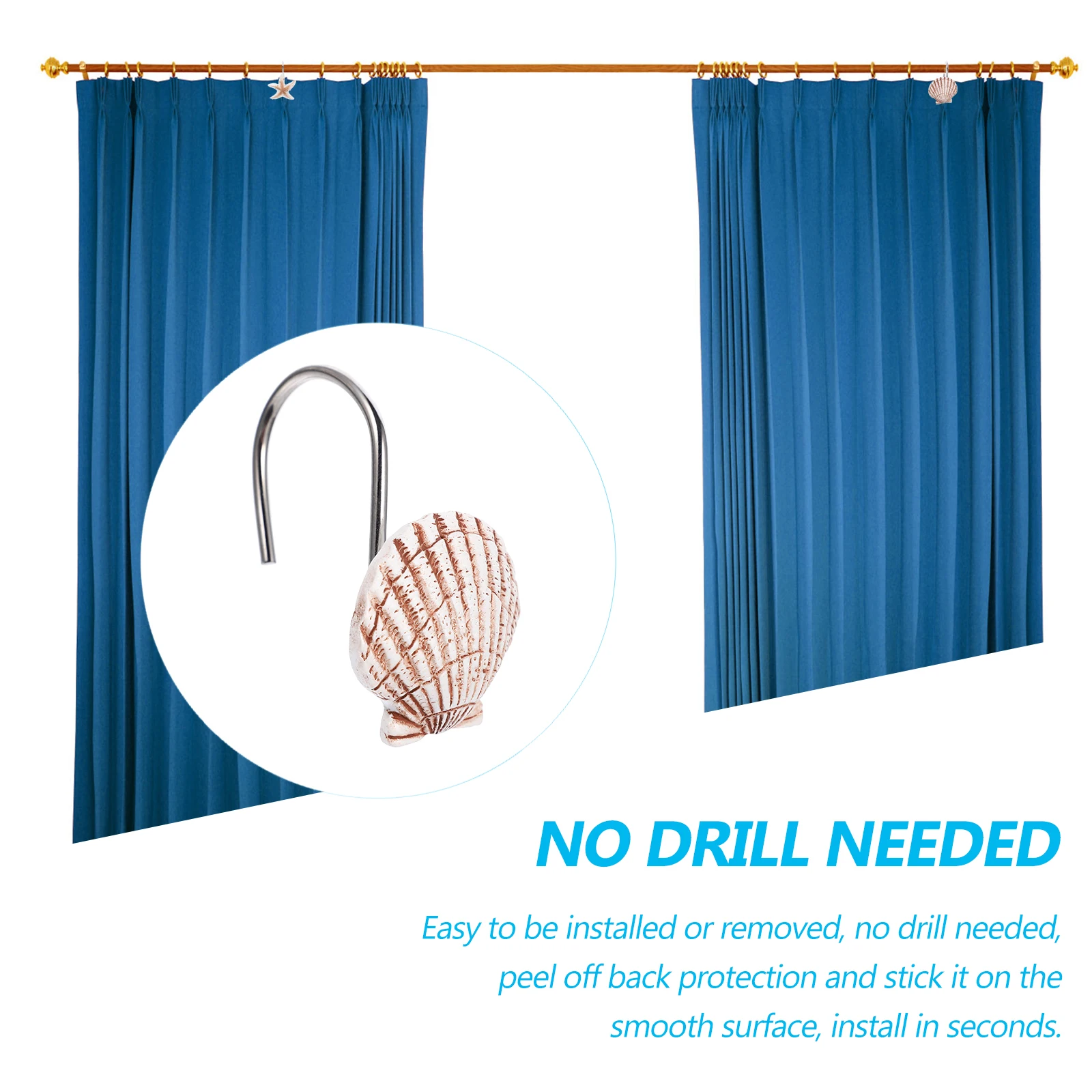 

12pcs Creative Marine Style Bathroom Curtain Hooks Seashell Decorative Resin Stainless Steel Rustproof Lightweight Shower