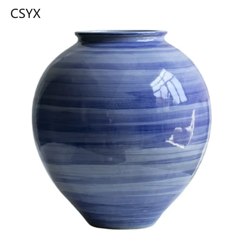 Vintage Blue-Hued Stoneware Zen Bulbous Vase - Aquatic Floral Decor for B&B/Restaurant Home & Chambre