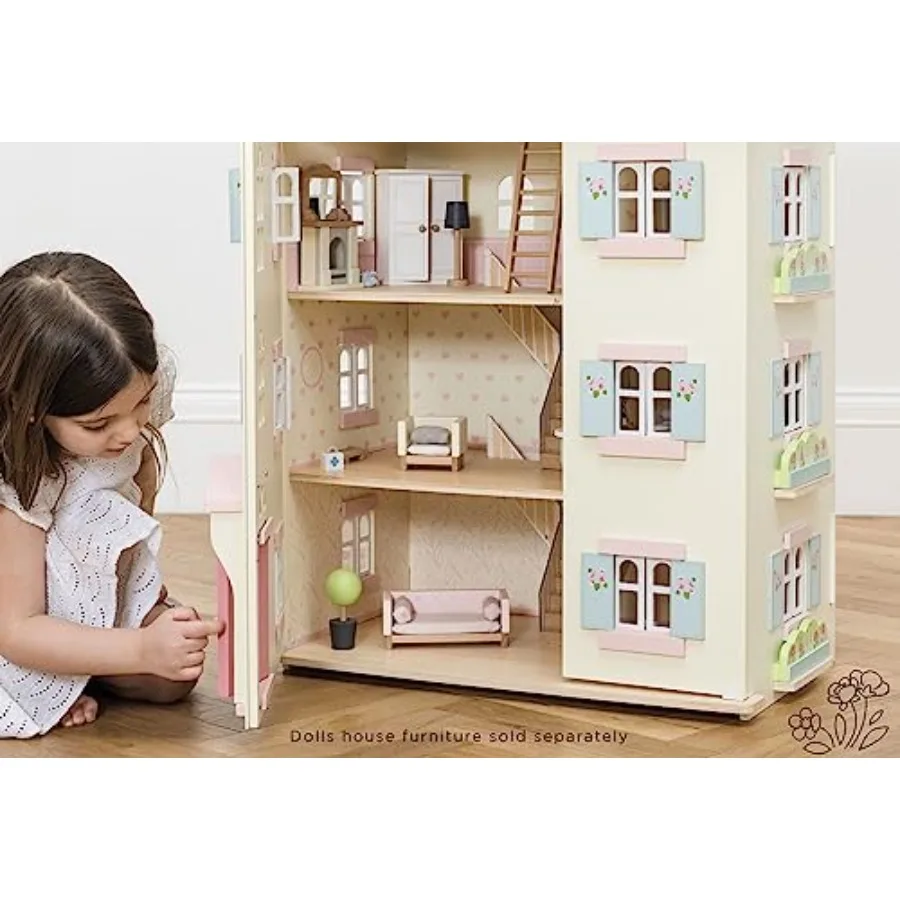Precioso salón de cerezo grande, casa de muñecas de madera de 4 pisos, juego para niñas o niños |   Gran como regalo |   Adecuado para mayores de 3 años