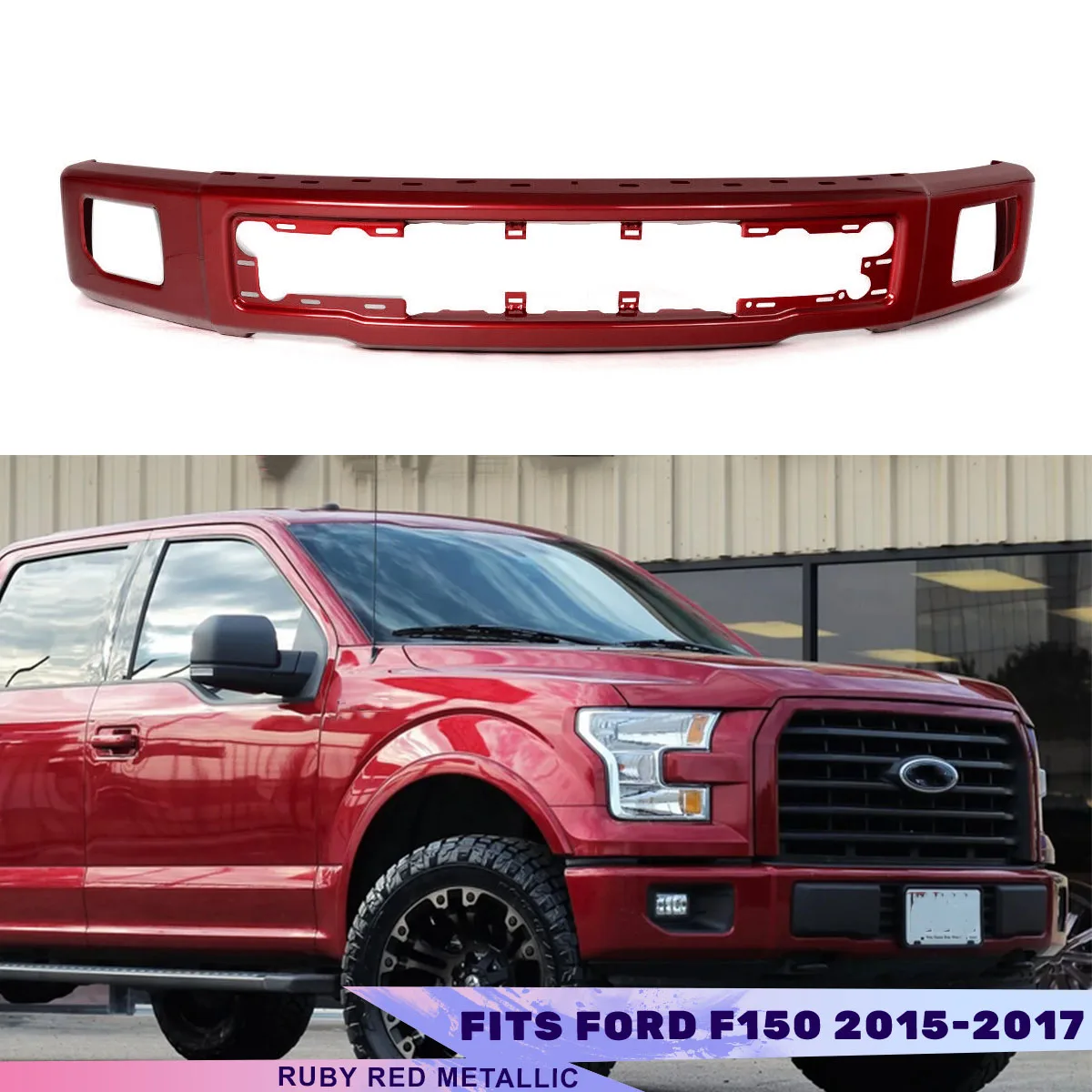 Front Surround For Ford F150 2015-2017 Ruby Red Front Bumper with Fog Light Hole Front Lower Bumper Cover Face Bar Valance Panel