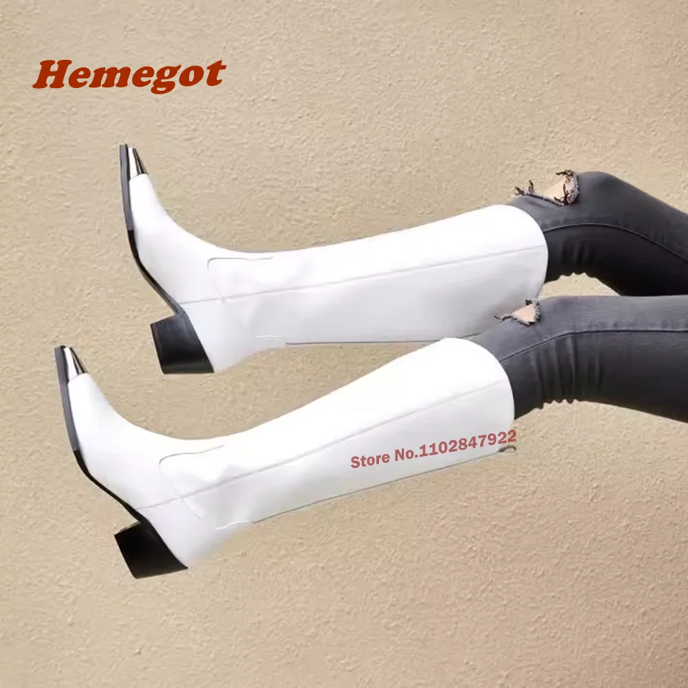 Metal Toe Square Heel Knee High Boots Winter Women\'s Boots Long Leather Warm Gladiator Shoes Luxury Newest Slip On Solid Casual