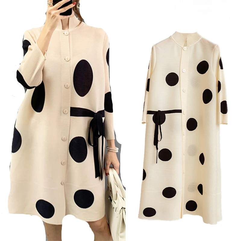 

ALSEY Miyake Collar Pleated Polka-dot Women's for Dress Autumn Winter New Commuter Single-breasted Windbreaker Female Jacket