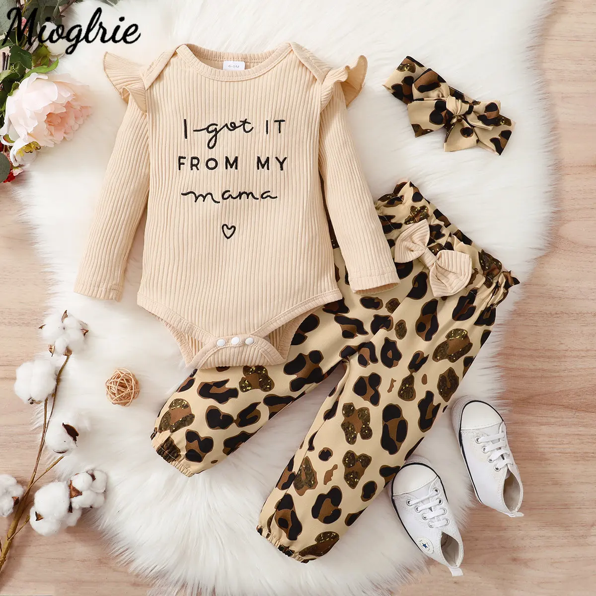 3PCS Newborn Baby Girl Clothes Set Long Sleeved Top+Leopard Pants+Headband Infant Spring Outfits for Toddler Girl 0-18 Months