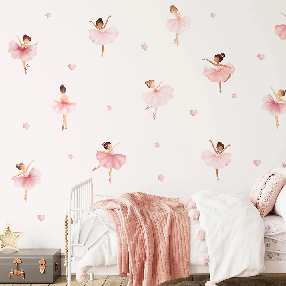 Watercolor Ballerina Fairy Girls Wall Stickers Baby Nursery Girl's Room Heart Star Dancer Wall Decals Bedroom Living Room Decor