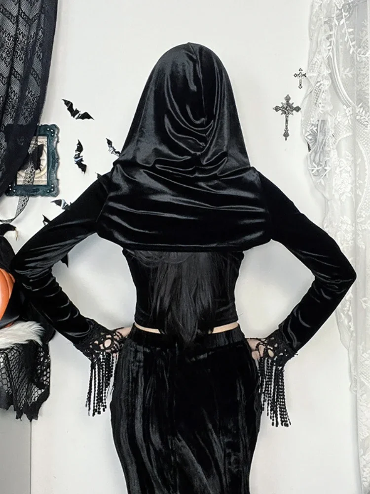 2025 New Dark Gothic Hooded Smock Women's Halloween Streetwear Vintage Tassel Patchwork Crop Tops Fairycore Grunge Rave Outfits