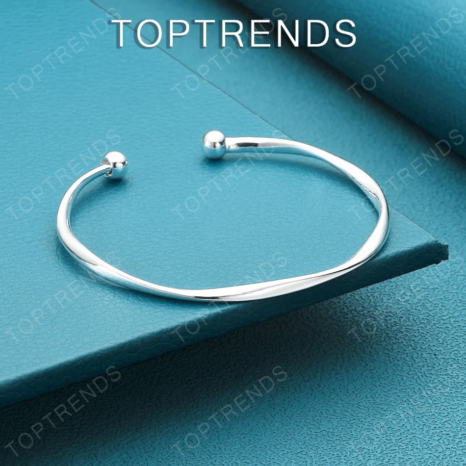 925 Sterling Silver Double-Ended Bead Open Bangle Simple Fashion Jewelry Accessories For Women Christmas Birthday Party Gift