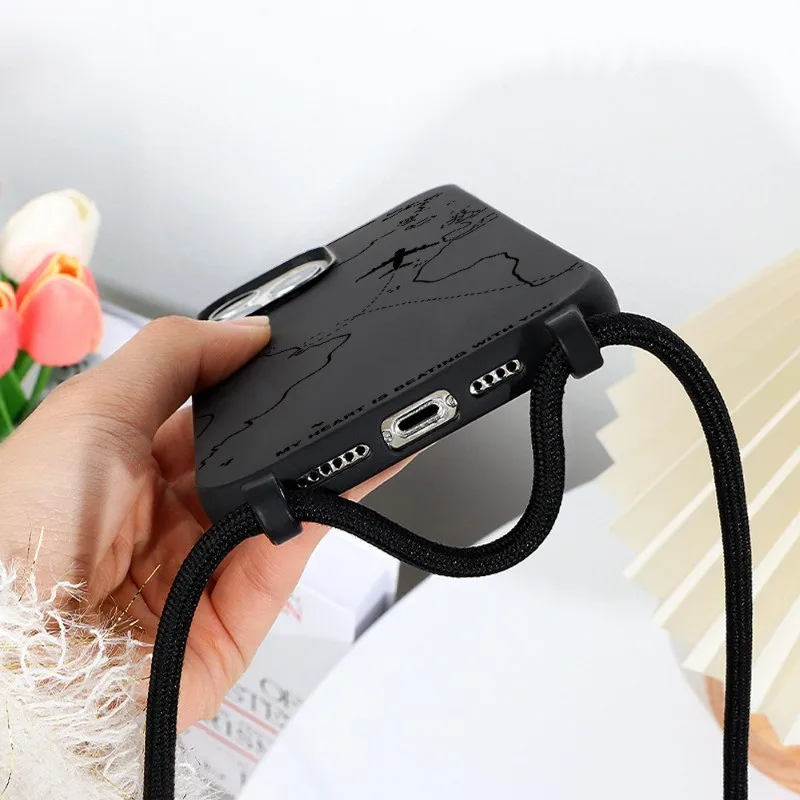 フライトルート柄 iPhone 16 15 14 Pro Max 13 12 Mini 11Pro XS XR 7 8 Plus SE用 ランヤード付き耐衝撃ソフトケース