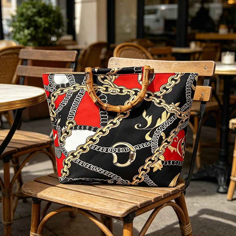 Vintage chain print faux bamboo handle tote bag, faux bamboo handle casual handbag, multi-functional bag for travel, shopping