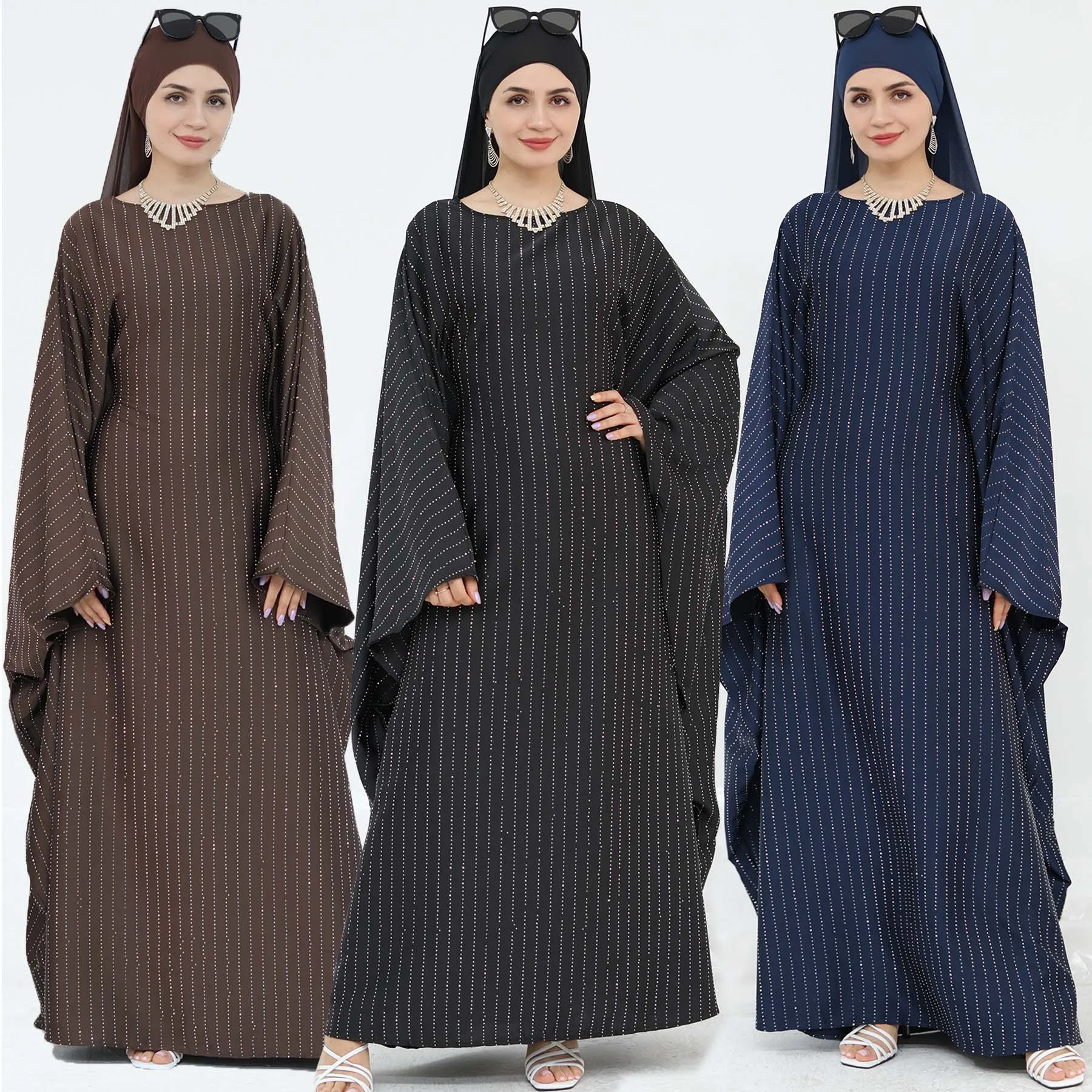 Rhinestone Stripes Extra-Loose-Fit Butterfly Kaftan Abaya Dress, Evening Party Ramadan Eid Islam Muslim Caftan Women Dress