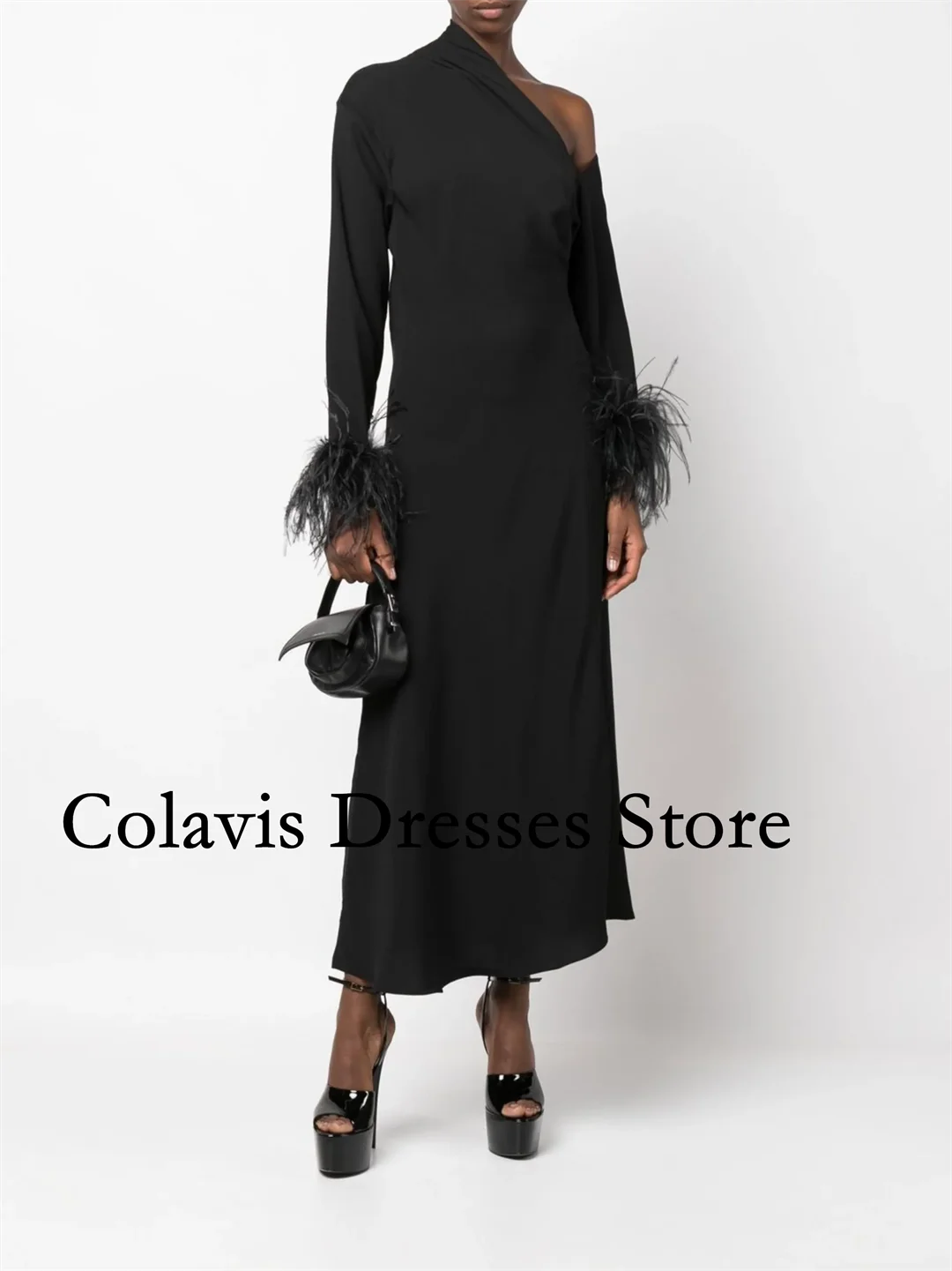 

2025 Индивидуальные манжеты с отделкой перьями, черные Т-образные креповые платья для выпускного вечера, вечернее платье, женские вечерние платья, вечернее платье