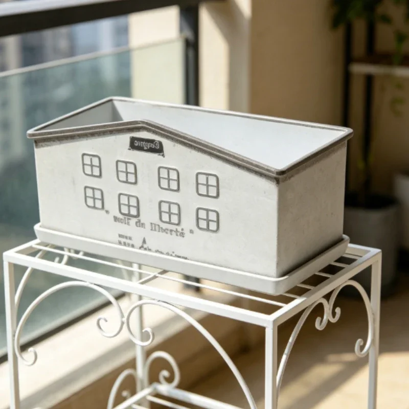 Cartoon Retro Small House Appearance Flowerpot Rectangular Antiqued Ironwork Plant Cultivation Tub Balcony Horticulture Decorat