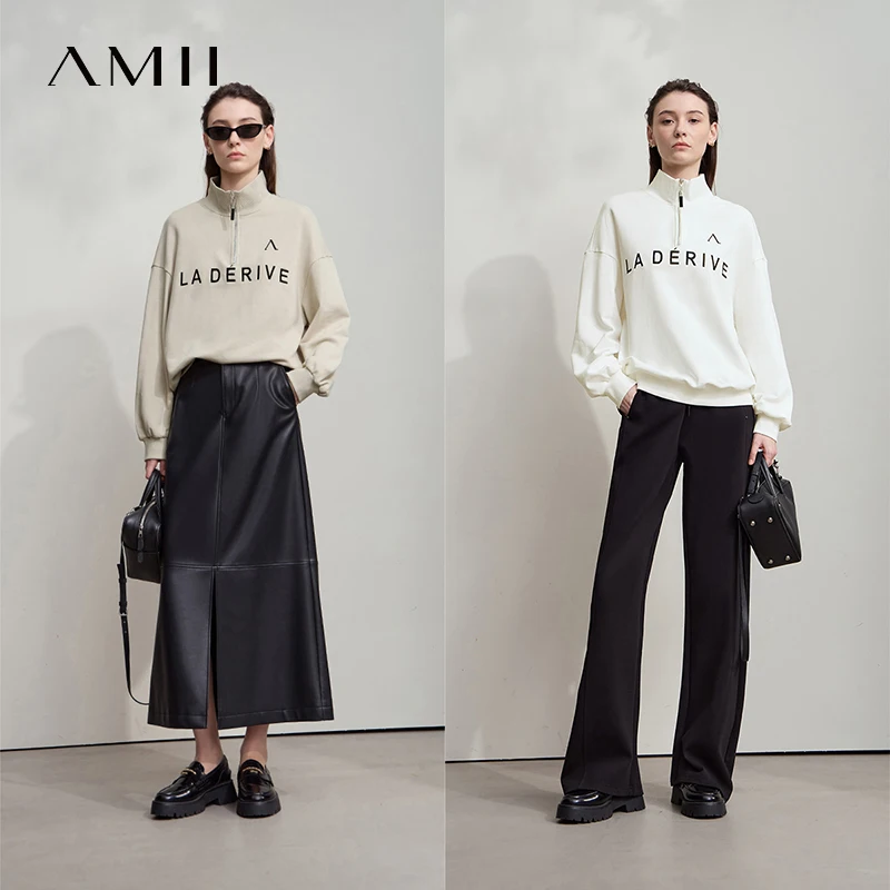 AMII Sweatshirts for Woman 2026 Autumn New Long Sleeve Tops Casual Knit Cotton Turtleneck Embroidered Woman Sweatshirts 12523031