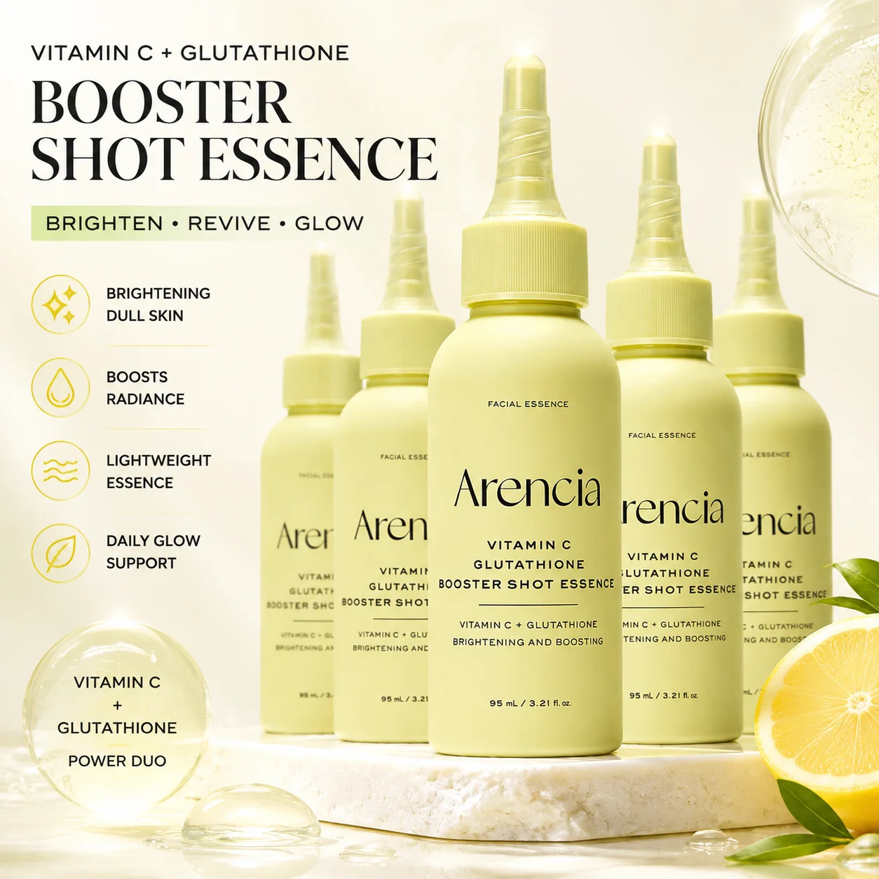 Essenza Booster Shot con Vitamina C e Glutatione Arencia Corea, Illuminante, Idratante, Rivitalizzante per Pelle Opaca, Cura della Pelle Leggera