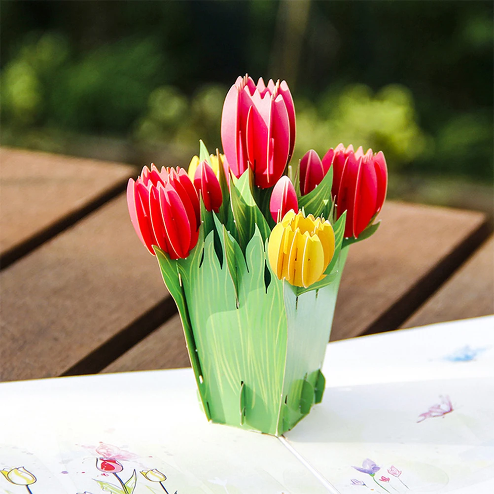 

3D Tulip Greeting Cards Teachers Day Message Card Floral Design Blessing Note Stereoscopic Greeting Card Carving Flower Eco