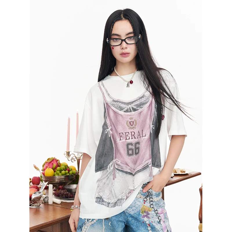 ELFSACK Fake Two-Piece Print T-shirt, Retro Lace Bow Graphic Tee, Casual Loose Short Sleeve Top for Women