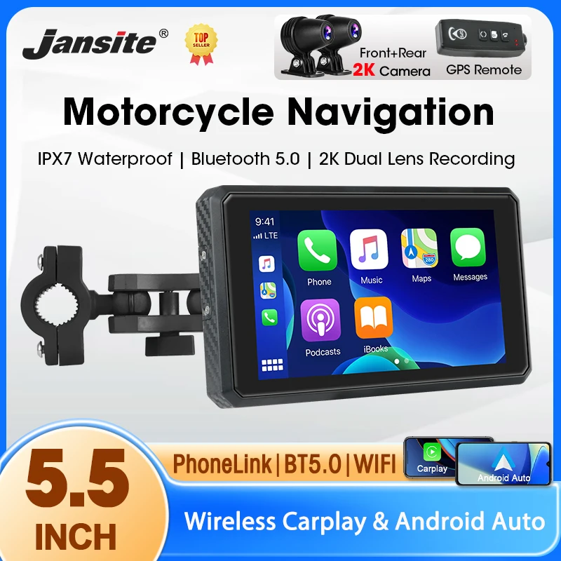 5 inch Motorcycle Carplay 2K HD DVR GPS Navigation Wireless Carplay Android Auto IPX7 Waterproof Bluetooth Dual Lens Moto DVR