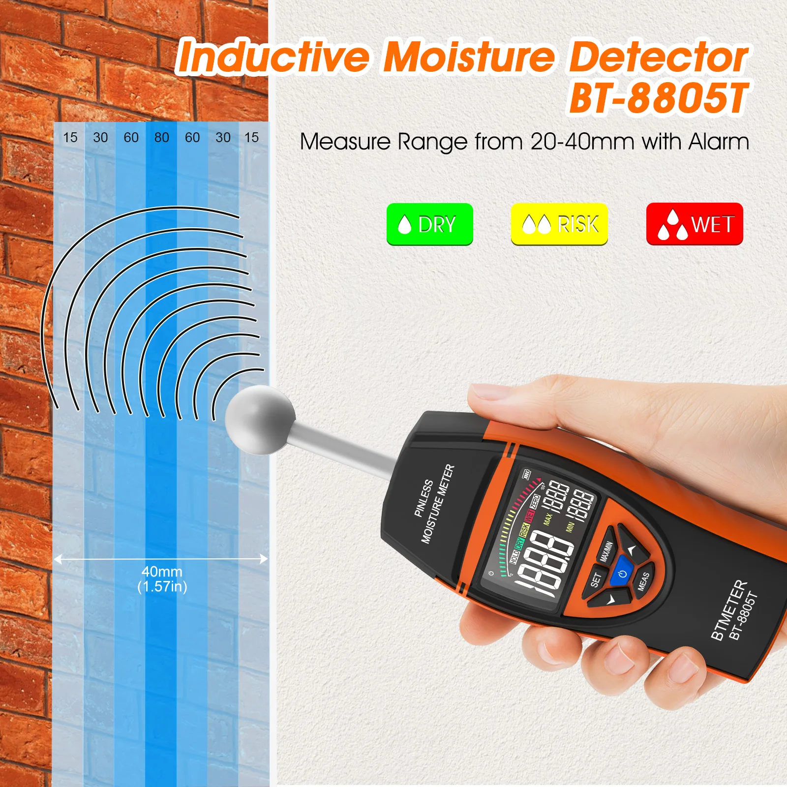 BTMETER Non-Contact Wood Moisture Meter 0-100% Range 20-40mm Depth Pinless Humidity Tester LCD Alarm for Wood Cement Plaster