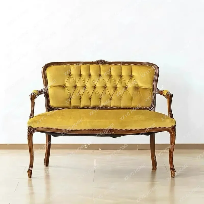 retro solid wood sofa chair velvet buckle carved back chair casual