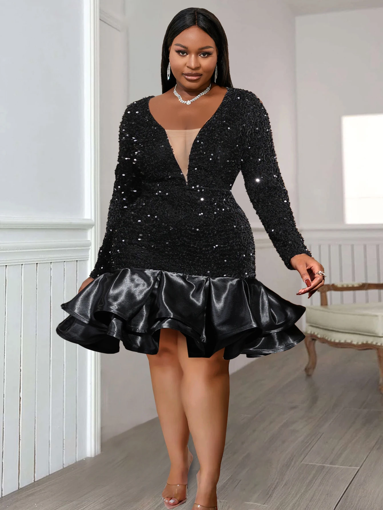 Plus Size Sexy Sequin Dress Black Velvet Deep V Neck Patchwork Robes Ruffle Shiny Party Birthday African Ladies Celebrate Gowns